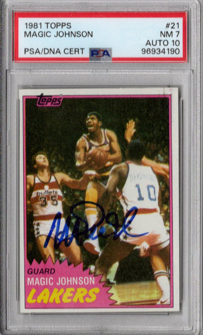 Magic Johnson Autographed Lakers 1981 Topps #21 Rookie Card PSA 7 AUTO 10