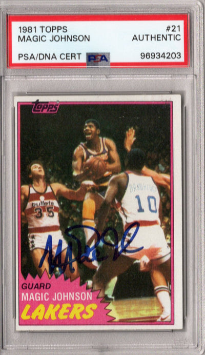 Magic Johnson Autographed Los Angeles Lakers 1981 Topps Rookie Card PSA AUTHENTIC AUTO 10
