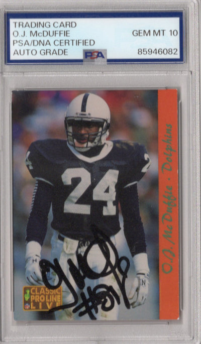 O.J. McDuffie Autographed Penn State Miami Dolphins 1993 Classic Pro Line Live Rookie Card #155 PSA AUTO GRADE GEM MT 10
