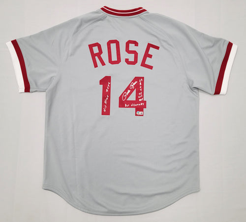 Pete Rose Autographed Cincinnati Reds 1975 Mitchell & Ness Gray Authentic  Jersey W/ 4 Inscriptions Beckett Witnessed