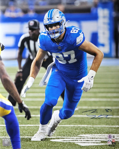 Sam LaPorta Autographed Detroit Lions 2024 Blue Jersey 16x20 Photo Beckett Witnessed