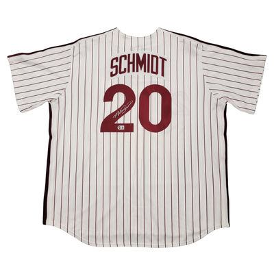 Mike Schmidt Autographed Philadelphia Phillies Majestic White Pinstripe Jersey Beckett Witnessed