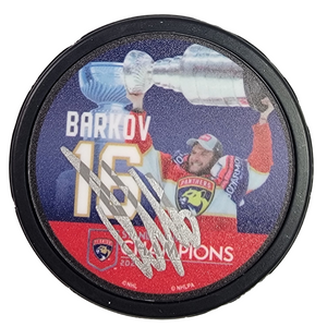Aleksander Barkov Autographed Florida Panthers 2024 Stanley Cup Champions Photo Hockey Puck Beckett Witnessed