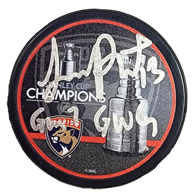 Sam Reinhart Autographed Florida Panthers 2024 Stanley Cup Champions Hockey Puck W/GM 7 GWG Beckett Witnessed 2
