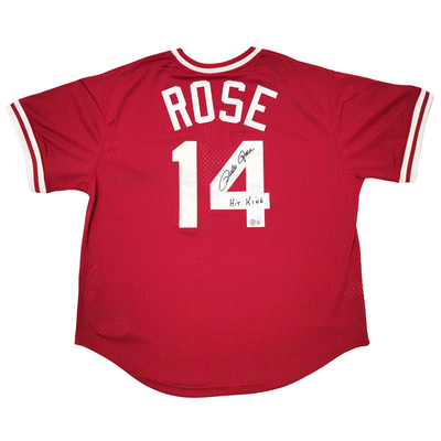 Pete Rose Autographed Cincinnati Reds 1984 Mitchell & Ness Cooperstown Collection Red Jersey W/ Hit King Beckett Witnessed