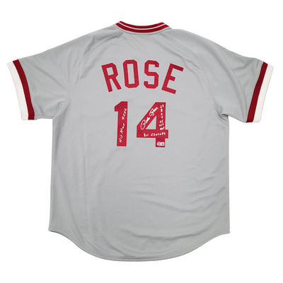 Pete Rose Autographed Cincinnati Reds 1975 Mitchell & Ness Gray Authentic Jersey W/ 4 Inscriptions Beckett Witnessed