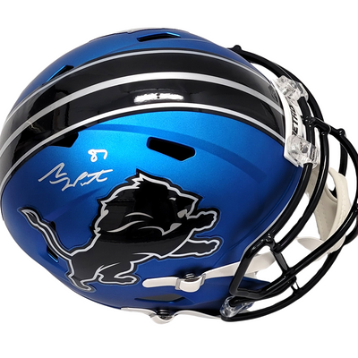Sam LaPorta Autographed Detroit Lions 2024 Blue ALT Riddell Speed Replica Helmet Beckett Witnessed