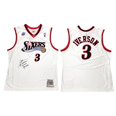 Allen Iverson Autographed Philadelphia 76ers Mitchell & Ness White 2001 Authentic Jersey W/ The Answer, 2K1 MVP, & HOF 2K16 Beckett Witnessed