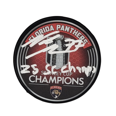 Niko Mikkola Autographed Florida Panthers 2025 Stanley Cup Champions Hockey Puck W/ 25 SC Champs Beckett