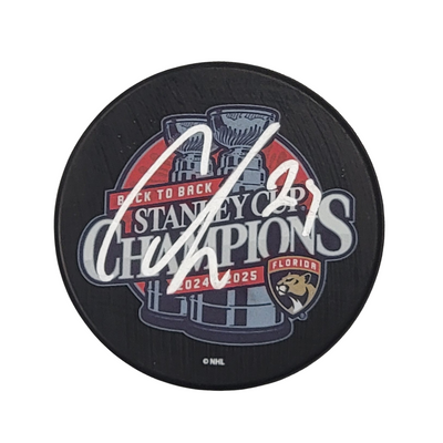Carter Verhaeghe Autographed Florida Panthers 2025 Back To Back Champions Hockey Puck Beckett