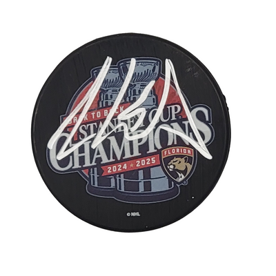 Aaron Ekblad Autographed Florida Panthers 2025 Back To Back Stanley Cup Champions Hockey Puck Beckett