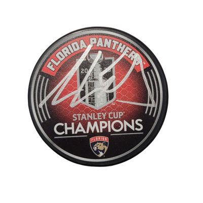 Aaron Ekblad Autographed Florida Panthers 2025 Stanley Cup Champions Hockey Puck Beckett Witnessed