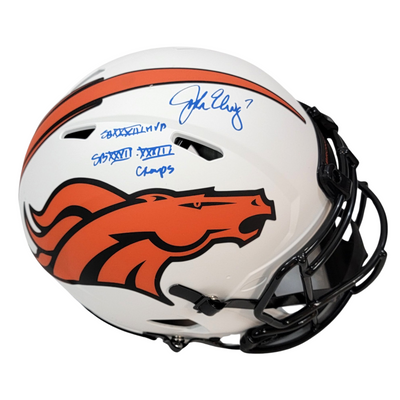 John Elway Autographed Denver Broncos Riddell Lunar Eclipse Authentic Helmet W/ Super Bowl Inscriptions Beckett Witnessed