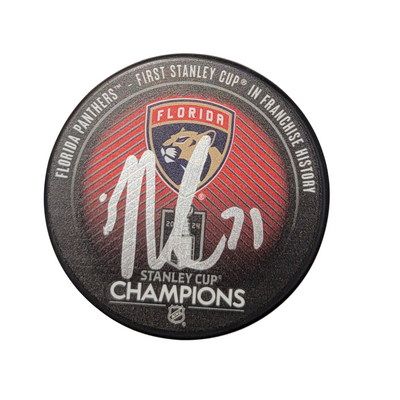Nick Cousins Autographed Florida Panthers 2024 Stanley Cup Champions Hockey Puck Beckett Witnessed