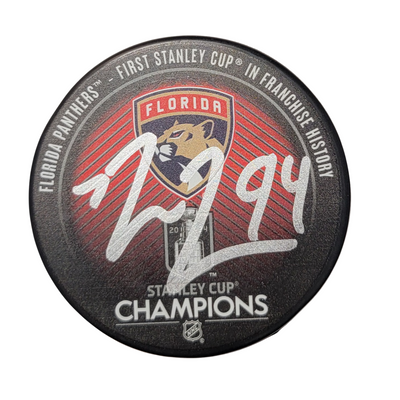 Ryan Lomberg Autographed Florida Panthers 2024 Stanley Cup Champions Hockey Puck Beckett Witnessed