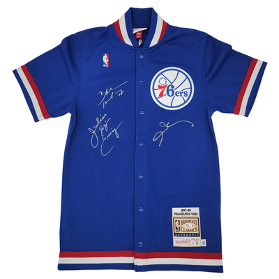 Charles Barkley Julius Erving & Allen Iverson Autographed M&N 76ers 1987-88 Shooting Shirt Beckett/PSA