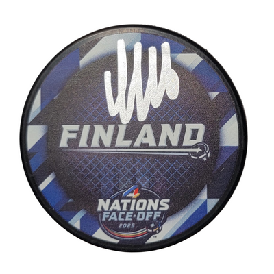 Aleksander Barkov Autographed 2025 Finland 4 Nations Face Off Hockey Puck Beckett