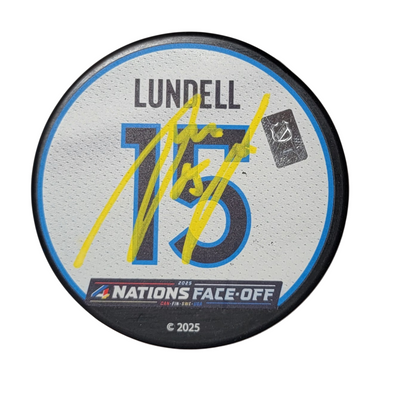 Anton Lundell Autographed 2025 Finland 4 Nations Face Off Hockey Puck Beckett