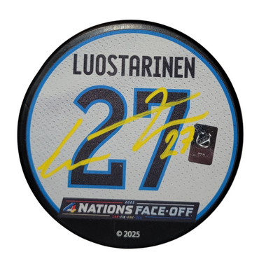 Eetu Luostarinen Autographed 2024 Finland 4 Nations Face Off Hockey Puck Beckett