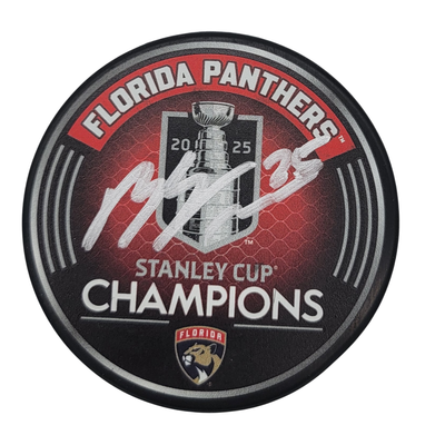 Mackie Samoskevich Autographed Florida Panthers 2025 Stanley Cup Champions Puck JSA Witness