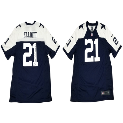 Ezekiel Elliott Autographed Dallas Cowboys Nike Blue Thanksgiving Day Jersey Beckett Witnessed