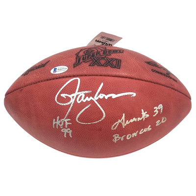 Lawrence Taylor Autographed New York Giants Super Bowl XXI Football W/ HOF 99, Giants 39 Broncos 20 Beckett Witnessed