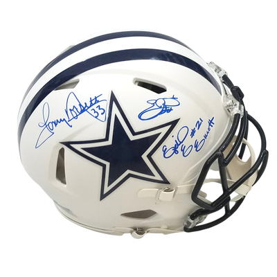 Emmitt Smith & Ezekiel Elliott & Tony Dorsett Autographed Dallas Cowboys Riddell Flat Matte White Speed Authentic Helmet Beckett Witnessed