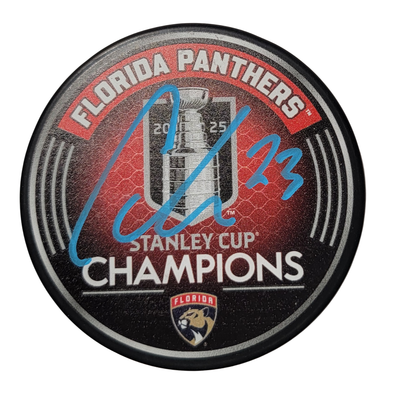 Carter Verhaeghe Autographed Florida Panthers 2025 Stanley Cup Champions Puck JSA