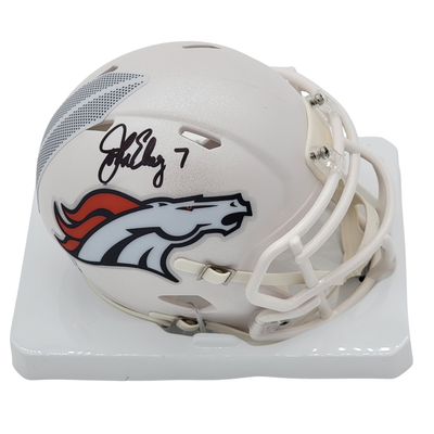 John Elway Autographed Denver Broncos White ALT Mini Helmet Beckett Witnessed