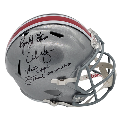 Ryan Day Urban Meyer & Jim Tressel Autographed Ohio State Replica Helmet W/ Champs Beckett Witnessed
