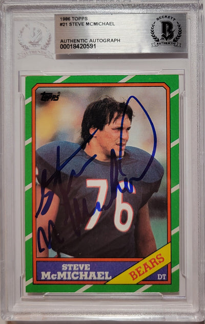 Steve McMichael Autographed Chicago Bears 1986 Topps Trading Card #21 Beckett Authenticated