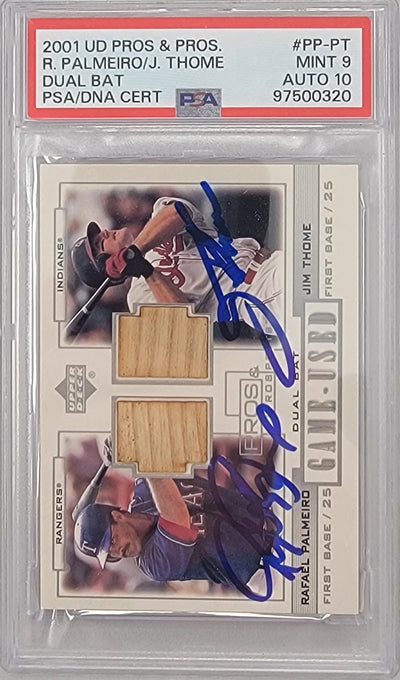 Jim Thome Rafael Palmeiro Autographed Indians Rangers 2001 Upper Deck Game Used Bat Trading Card PSA 97500320