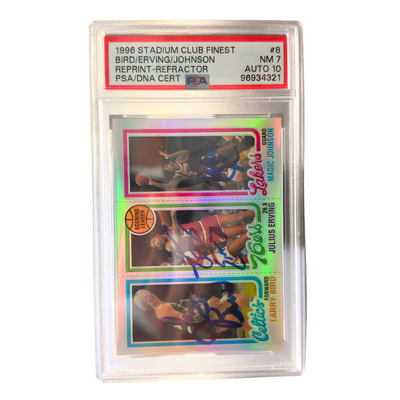 PSA NM-7 and Auto 10 label on Larry Bird, Julius Erving & Magic Johnson signed 1996 Topps reprint refractor rookie card

