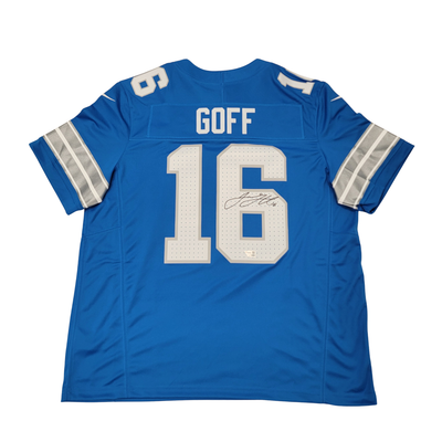 Close up of Jared Goff autograph on Detroit Lions blue Nike Vapor Limited jersey
