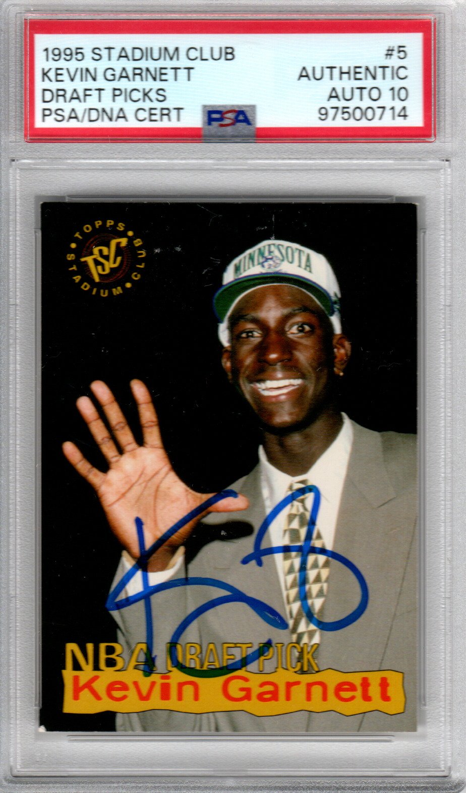 Kevin Garnett Signed 1995 Topps Stadium Club #5 Timberwolves Rookie Ca ...