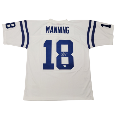 Close up of Peyton Manning autograph on 2006 Indianapolis Colts Mitchell & Ness white jersey
