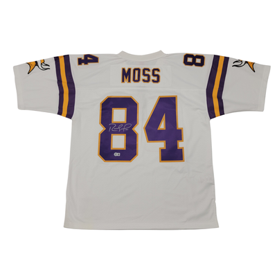 Close up of Randy Moss autograph on 1998 Minnesota Vikings white Mitchell & Ness jersey
