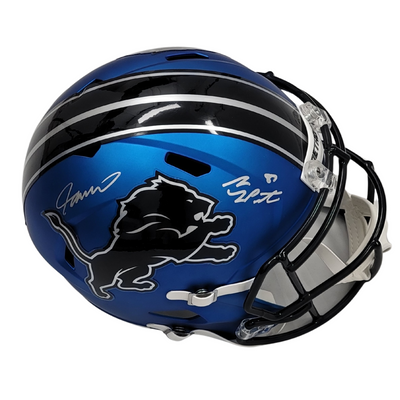 Sam LaPorta & Jameson Williams Autographed Detroit Lions 2024 ALT Blue Replica Helmet Beckett Witnessed
