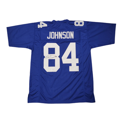 Close up of Theo Johnson autograph on New York Giants pro-style blue jersey
