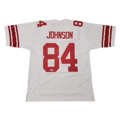 Close up of Theo Johnson autograph on New York Giants pro-style white jersey
