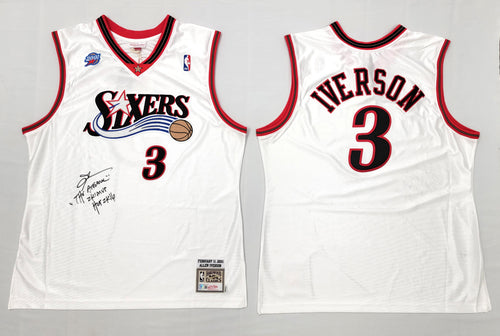 Allen Iverson Autographed Philadelphia 76ers Mitchell & Ness White 2001  Authentic Jersey W/ The Answer, 2K1 MVP, & HOF 2K16 Beckett Witnessed