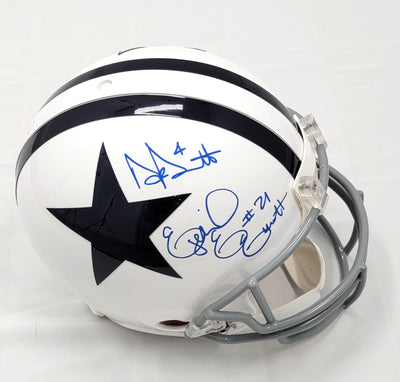 Dak Prescott & Ezekiel Elliott Autographed Dallas Cowboys Riddell White Throwback Pro Line Authentic Helmet Beckett Witness