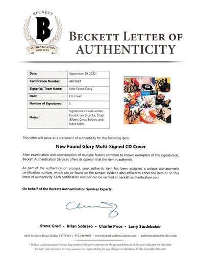 New Found Glory Autographed CD Cover With CD Compact Disc Beckett Authenticated BAS AB75694