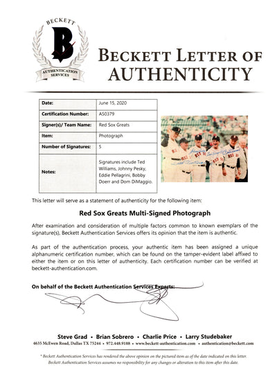 Ted Williams and Red Sox Greats Autographed Boston Red Sox 8x10 Photo Beckett Authenticated