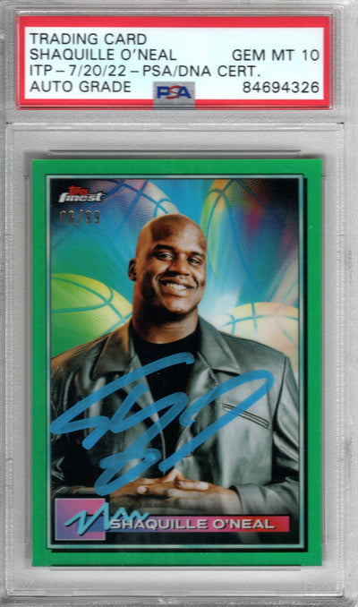 Shaquille O'Neal Autographed Magic Lakers Heat Encapsulated 2021 Topps Finest No. 34 06/99 Trading Card PSA AUTO GRADE GEM MINT 10 84694326