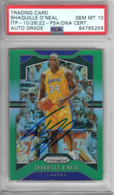Shaquille O'Neal Autographed Los Angeles Lakers Encapsulated 2019-20 Panini Prizm No. 11 Trading Card GEM MT. 10 PSA ITP 84765259