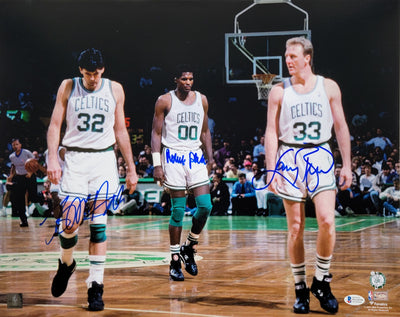 Larry Bird Kevin McHale Robert Parish Autographed Boston Celtics 16X20 Photo Beckett Witnessed Blue