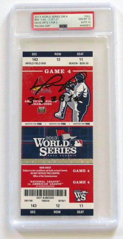 David Ortiz Autographed Boston Red Sox 2013 World Series Game 4 Encapsulated Ticket W/ 3-3 2B 1W PSA/DNA Graded GEM MT 10 AUTO 10