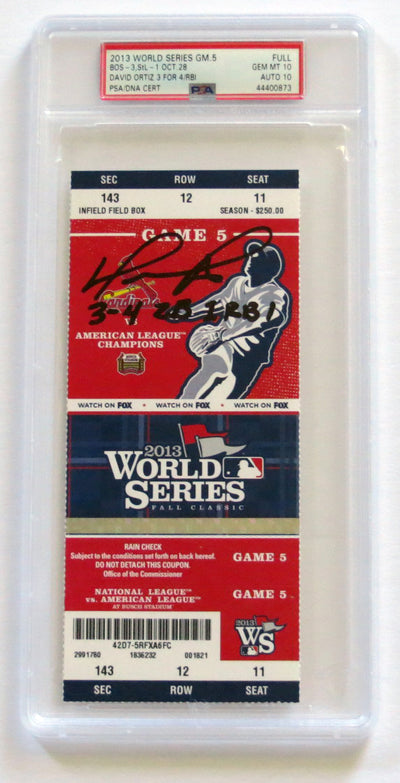 David Ortiz Autographed Boston Red Sox 2013 World Series Game 5 Encapsulated Ticket W/ 3-4 2B 1 RBI PSA/DNA Graded GEM MT 10 AUTO 10