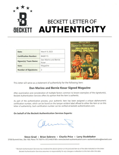 Dan Marino & Bernie Kosar Autographed Miami Dolphins Hurricanes 1984 College & Pro Sports Illustrated Beckett Authenticated